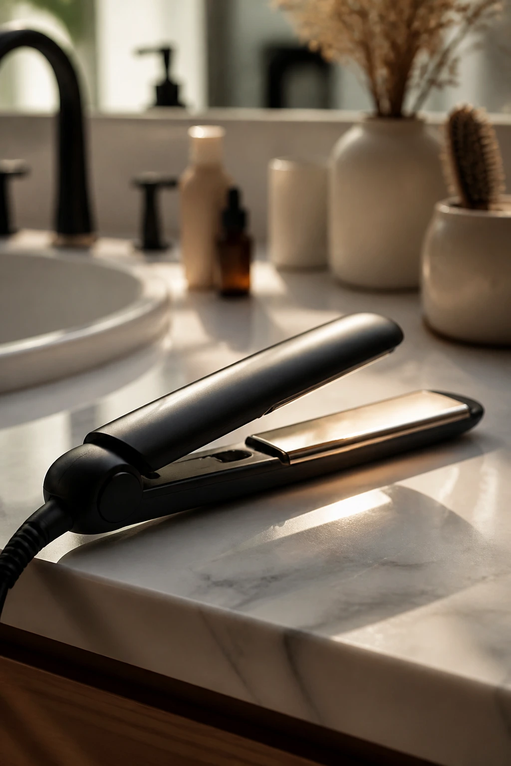Close-up of a flat iron with smooth plates on a bathroom vanity in warm light