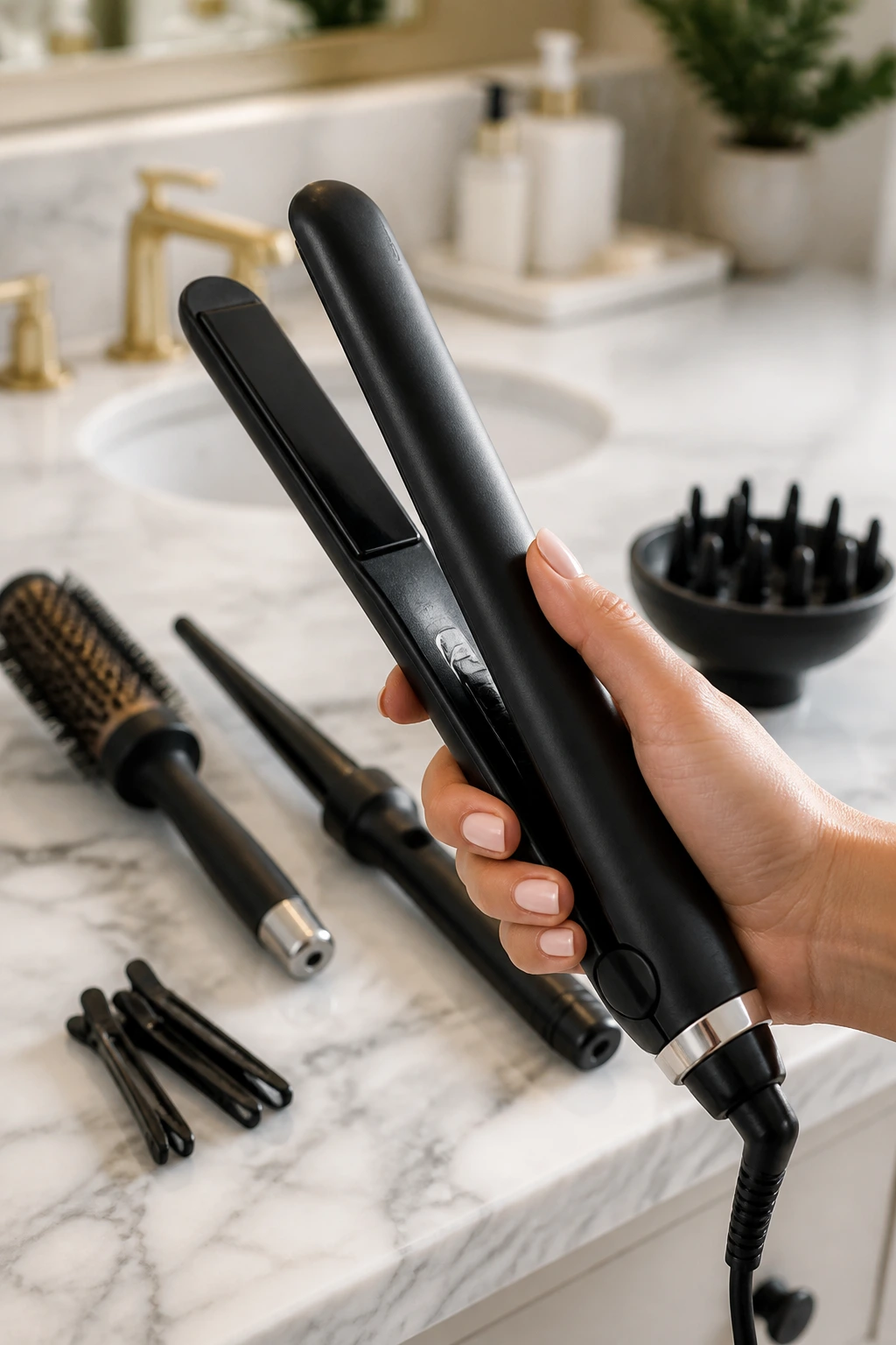 Close-up of a hand holding a 1-inch flat iron on a bathroom counter with other tools blurred in the background.