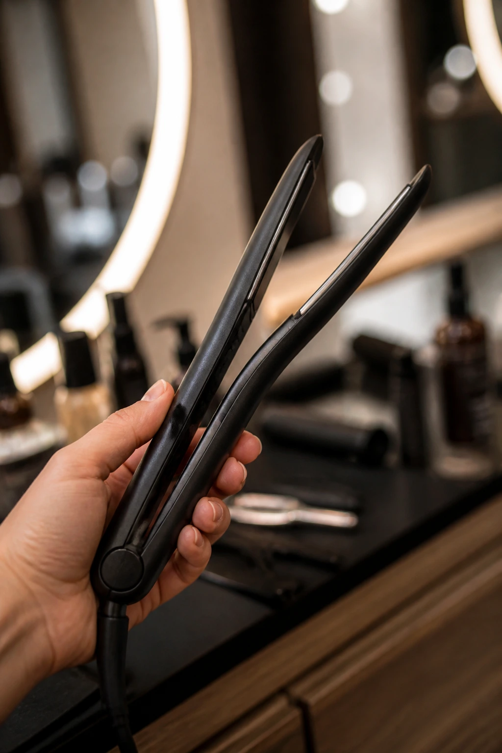 Close-up of flat iron used for shaping bangs and front layers