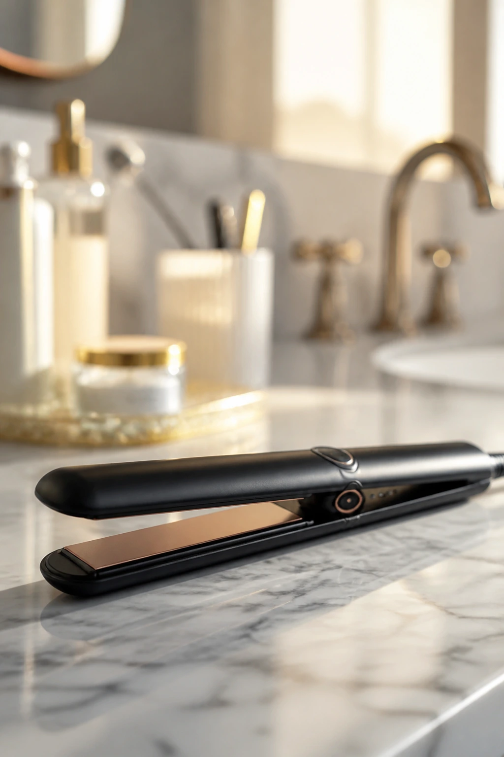 Close-up of a flat iron on a bathroom counter