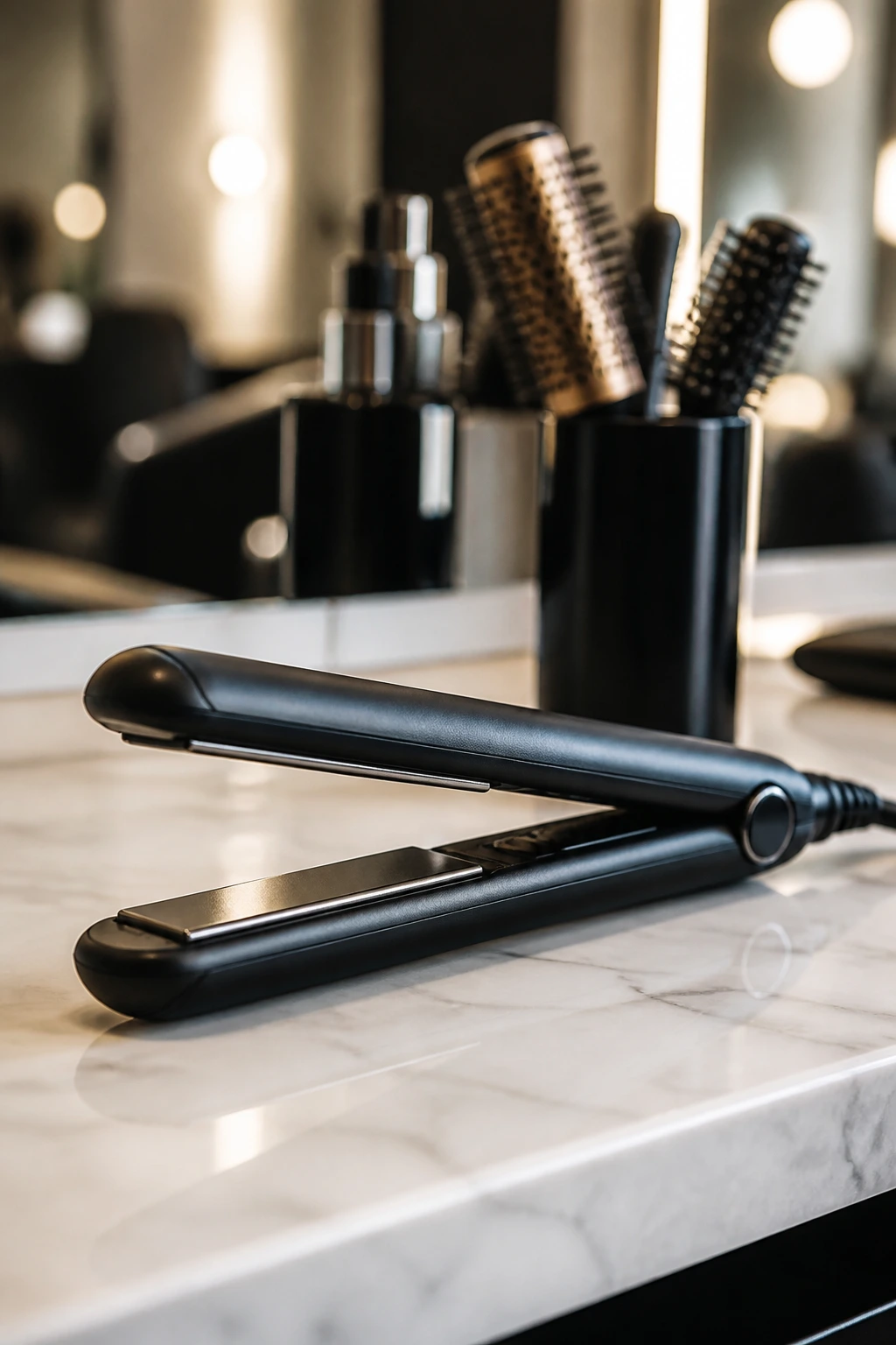 Close-up of a flat iron in a salon setting