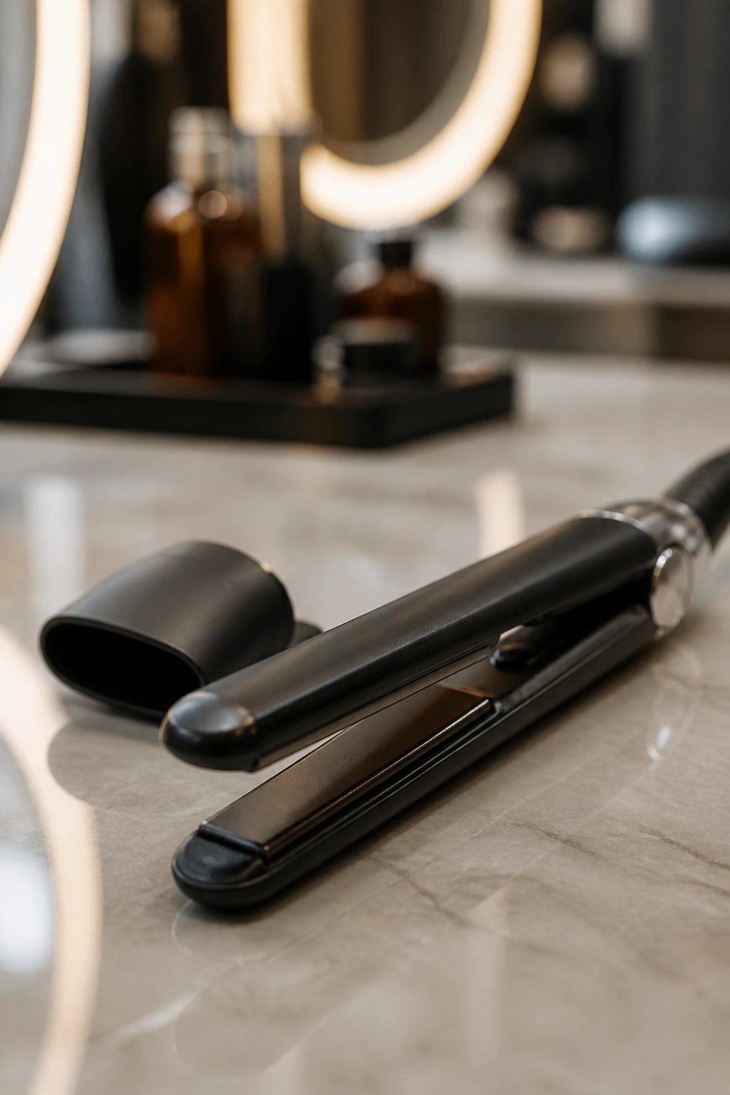 Close-up of a flat iron and nozzle on a salon counter