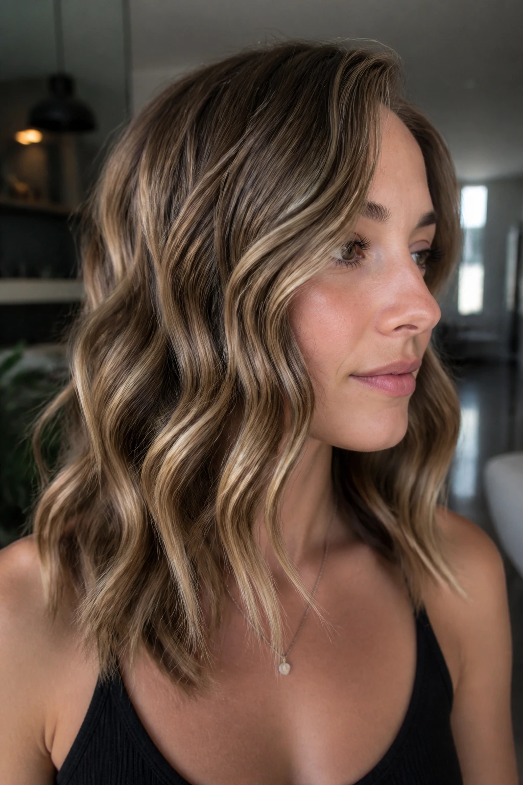 Close-up of a real woman with flat-iron ribbon waves on short hair