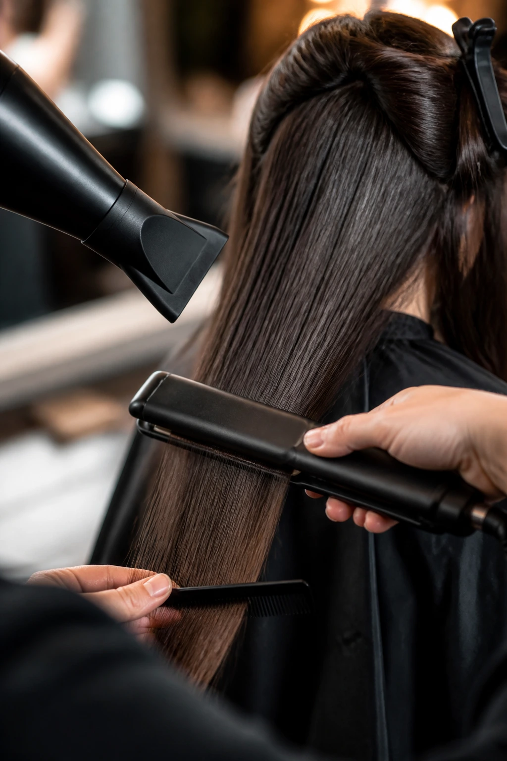 Close-up of hands styling long hair with a 1-inch flat iron in a salon setting