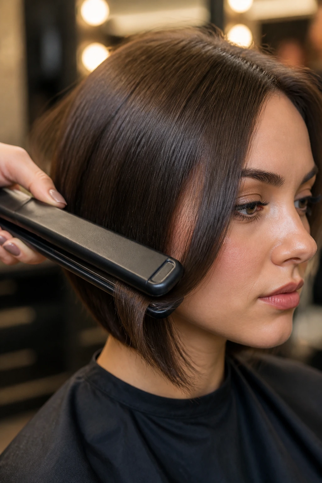 Close-up of a 1-inch flat iron styling short hair on a real person