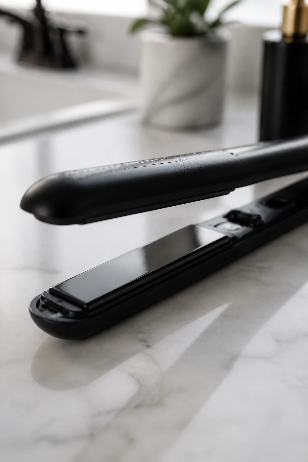 Close-up of a professional flat iron on a marble counter