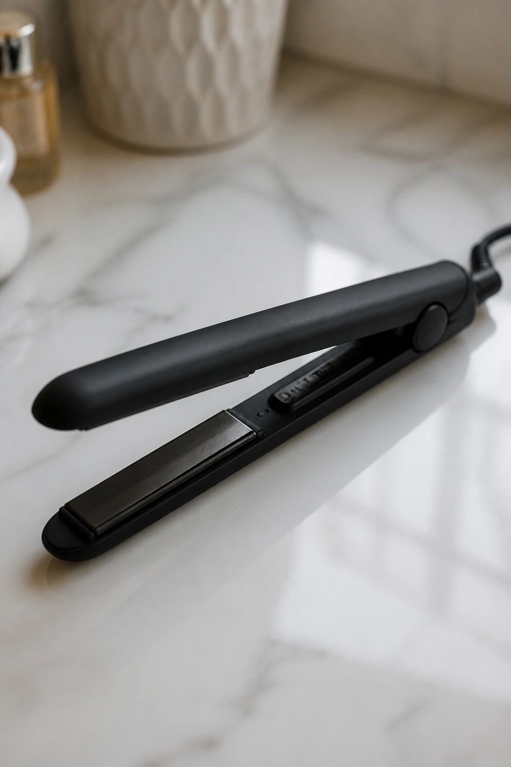 Close-up of a sleek flat iron on a clean surface.