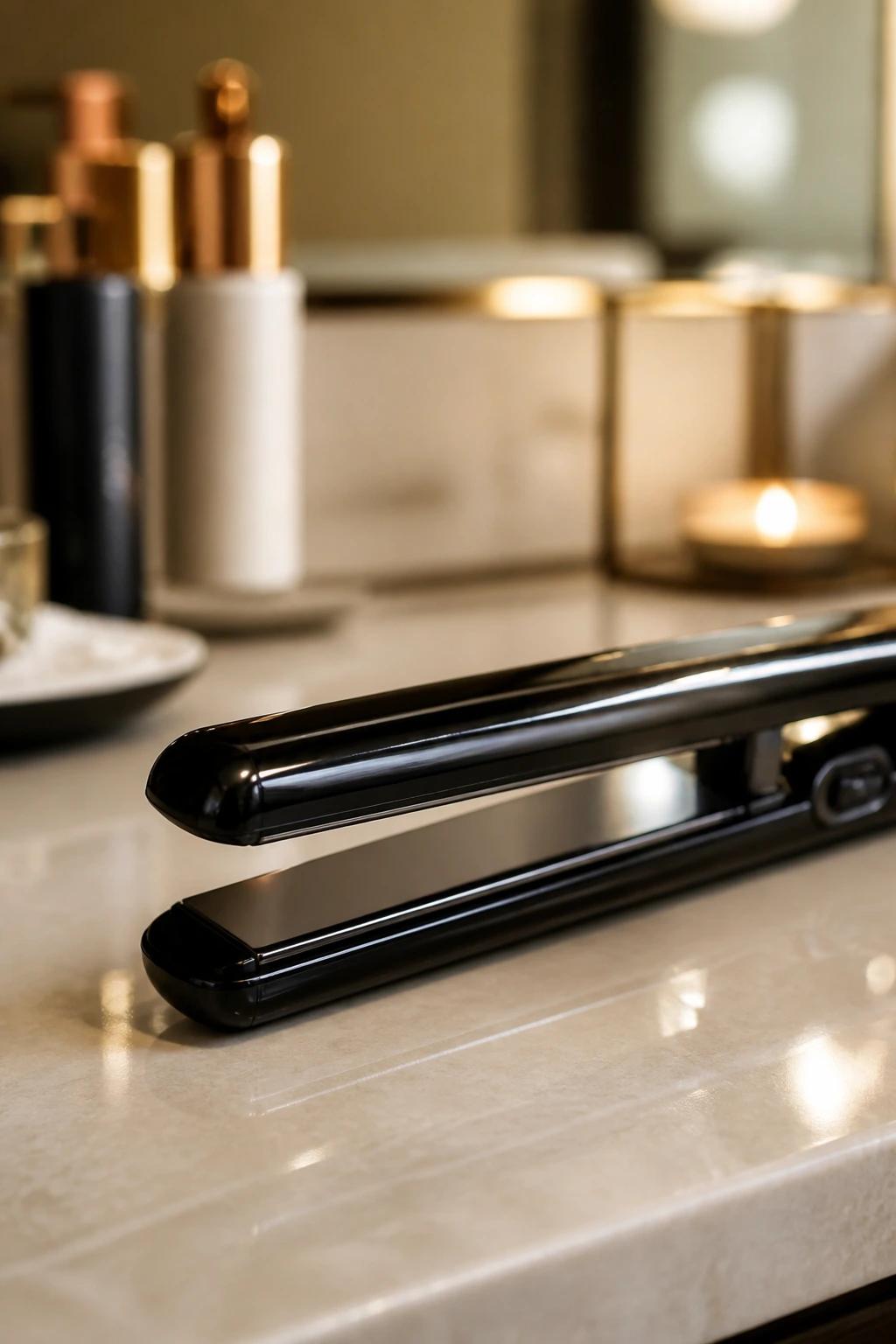 Close-up of a 1-inch flat iron on a bathroom counter.