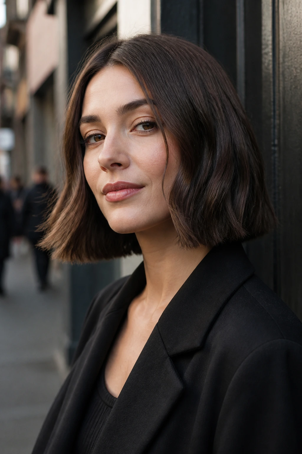 Close-up of a real woman with a flat-iron wave in a blunt bob on an urban street