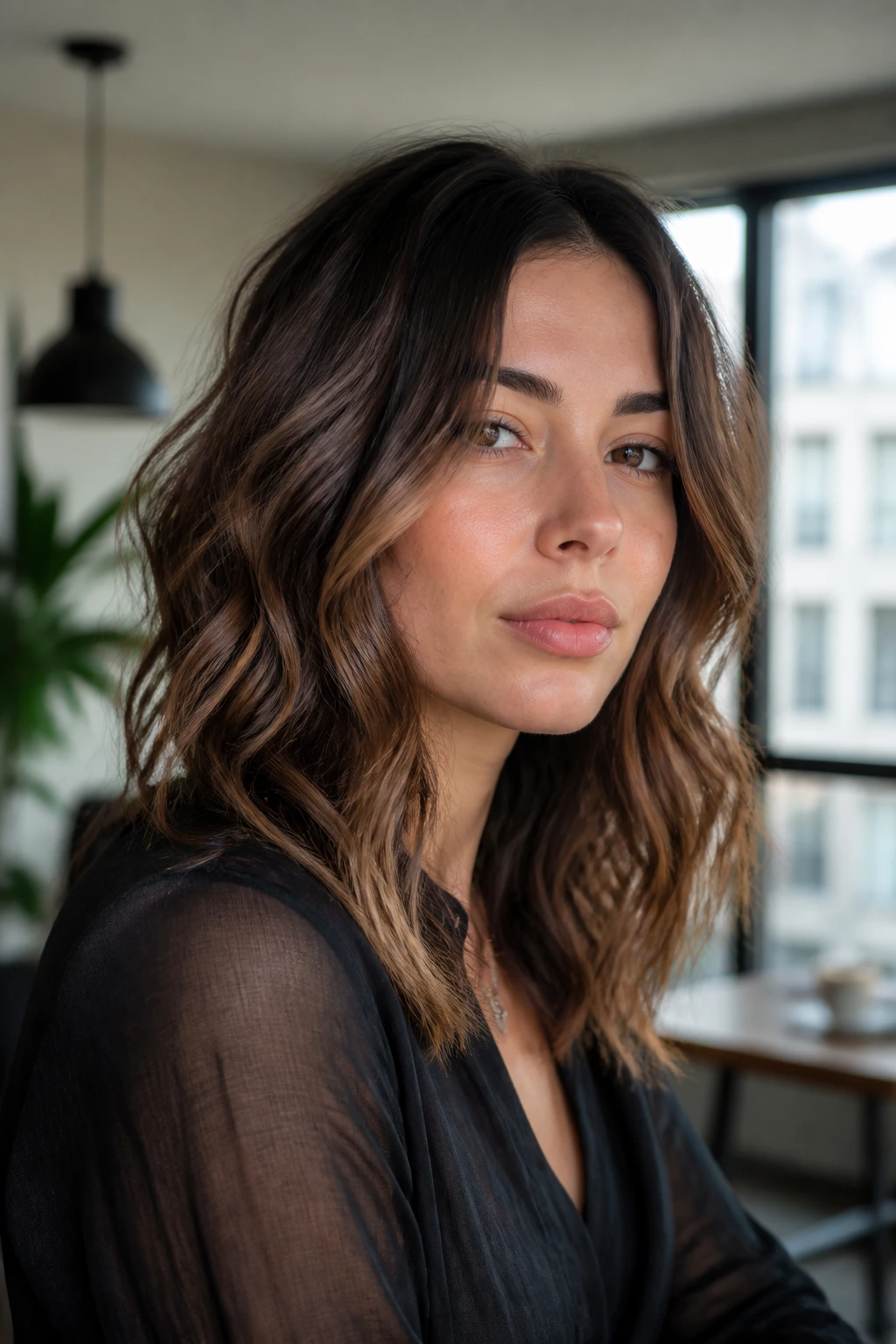 Close-up of flat-iron bend waves on a real woman in a modern apartment