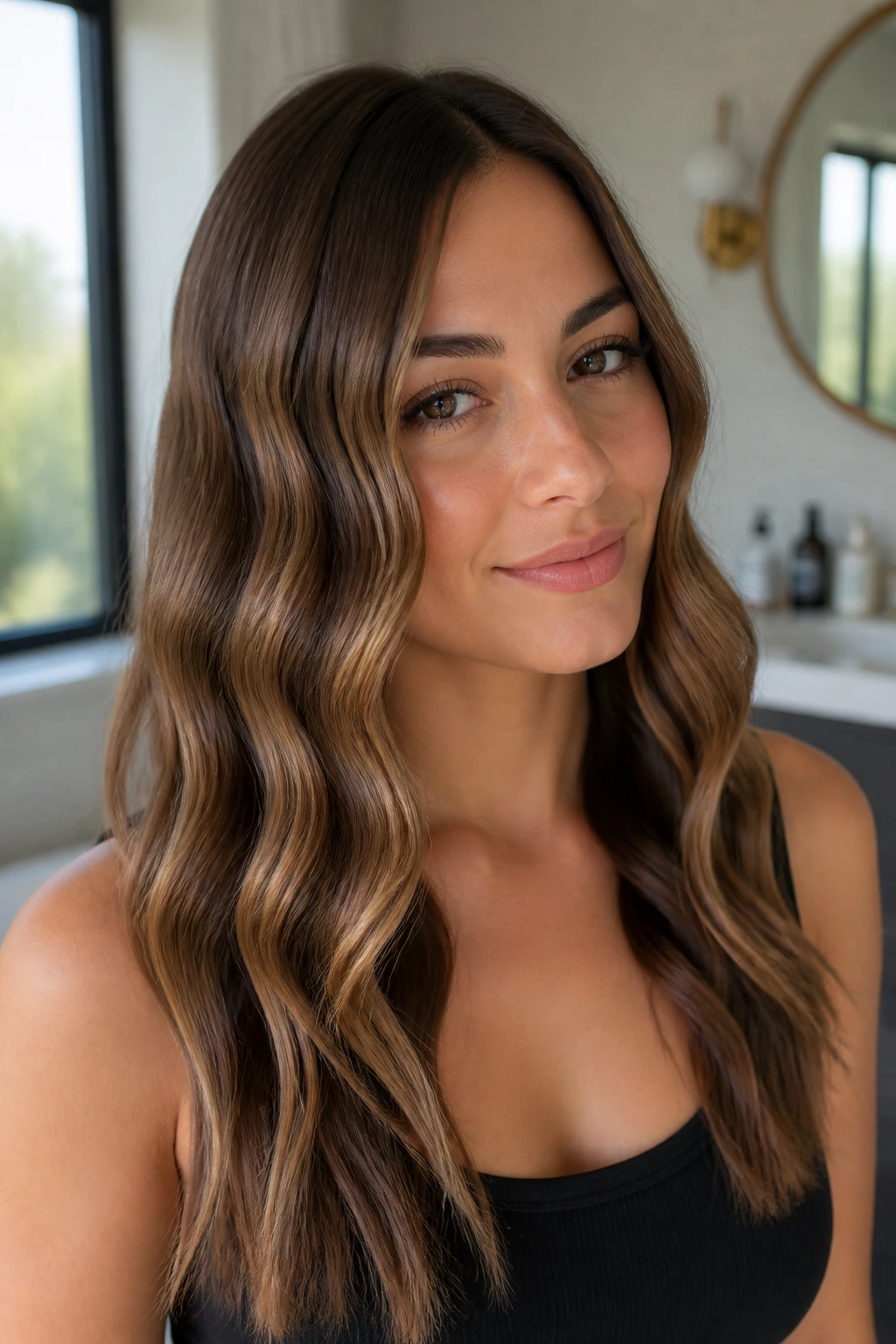 Close-up portrait of a real woman with flat-iron ribbon waves in a modern bathroom.