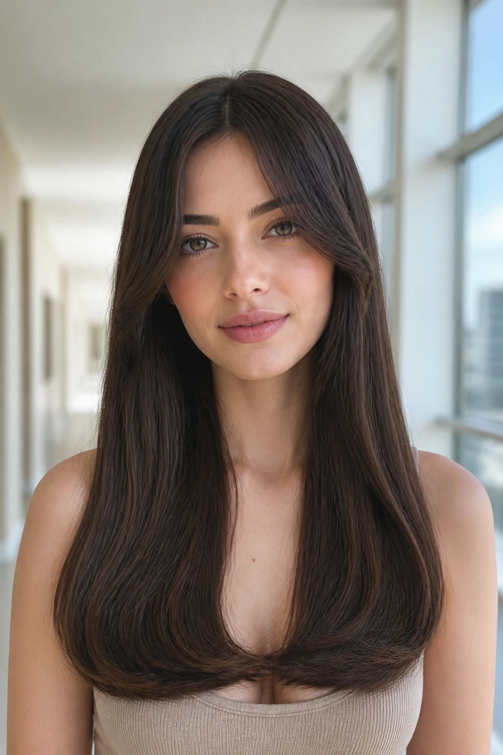 Portrait of a real person with flat-ironed long hair and curved-under ends in a bright interior