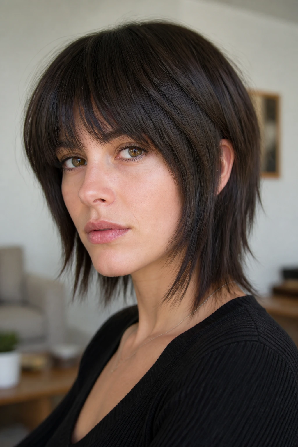 Close-up of a real woman with flat ironed shag and straight layers