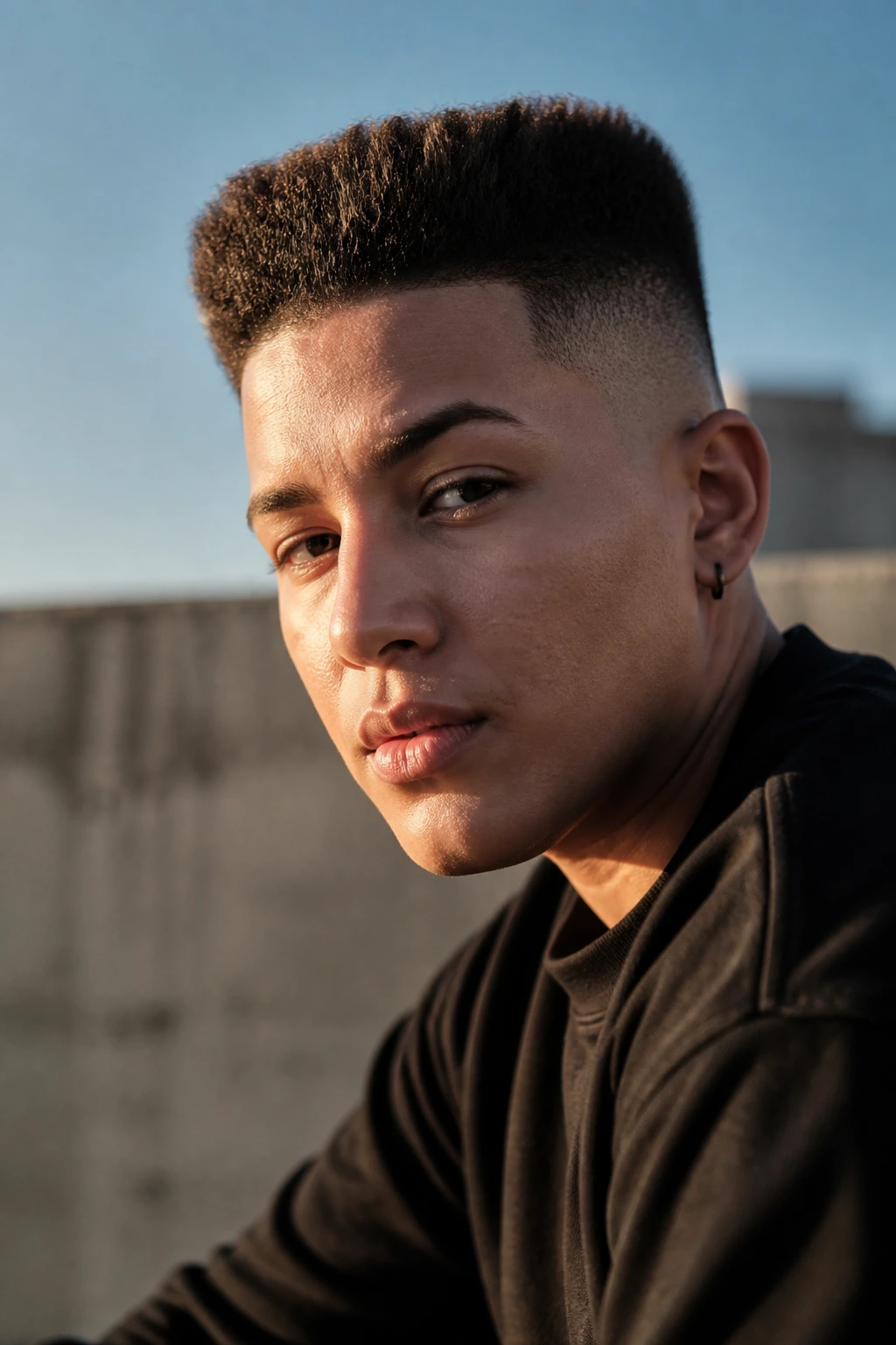 Close-up portrait of a real person with flat-top inspired crop and tight fades.
