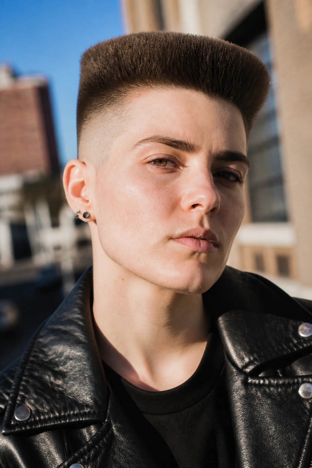 Portrait of a person with a flat-top inspired crop showing a squared-off, graphic top.