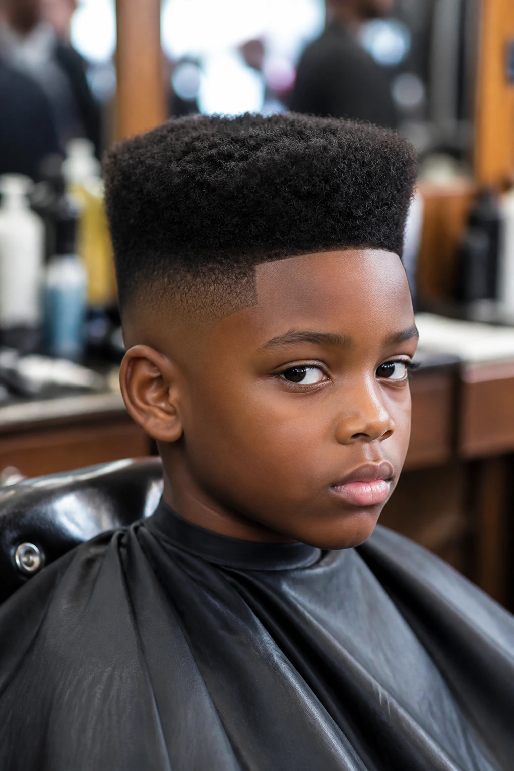 Close-up of a child with flat top and coily texture in barbershop