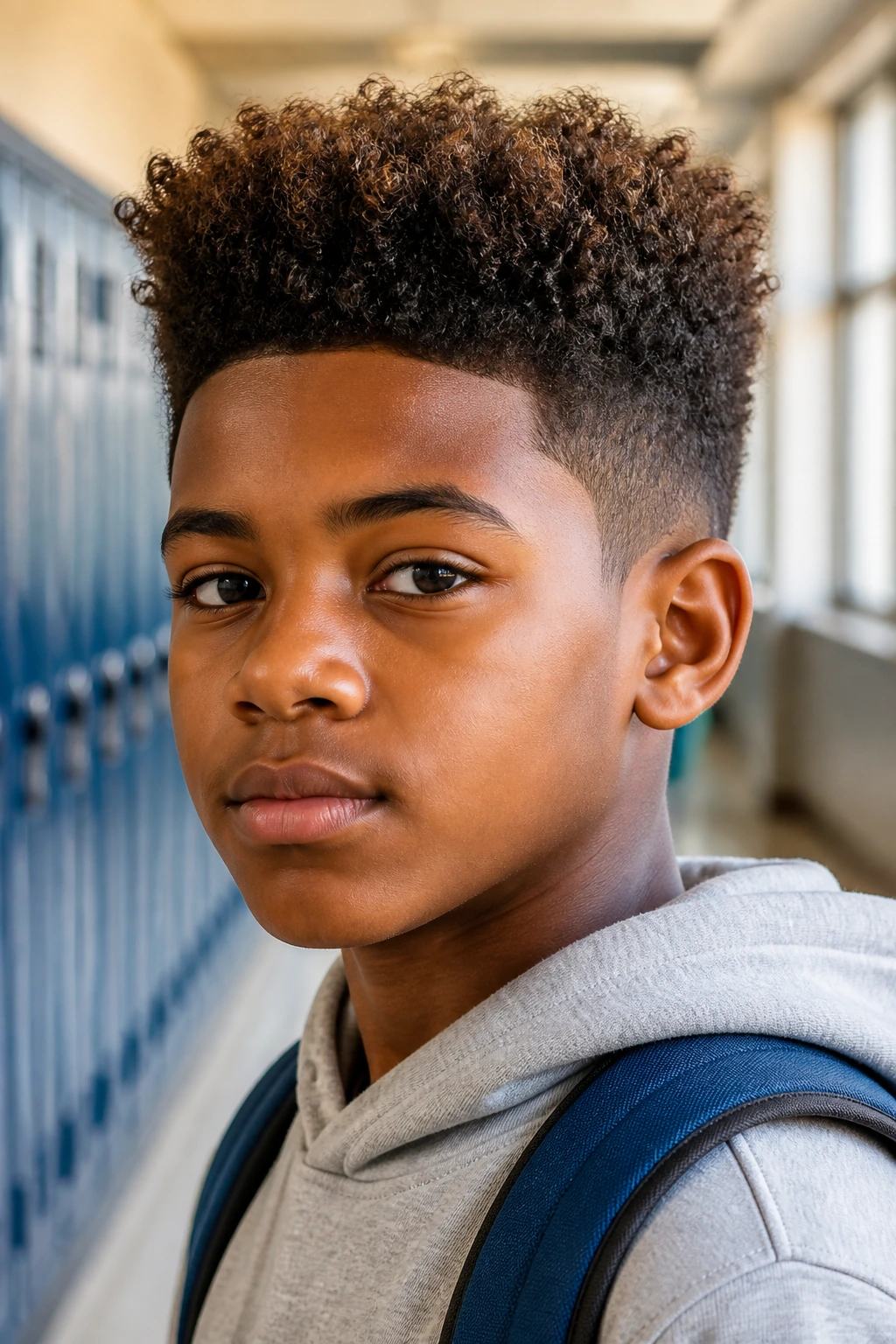 Close-up of a schoolboy with a flat-top curly haircut in a hallway