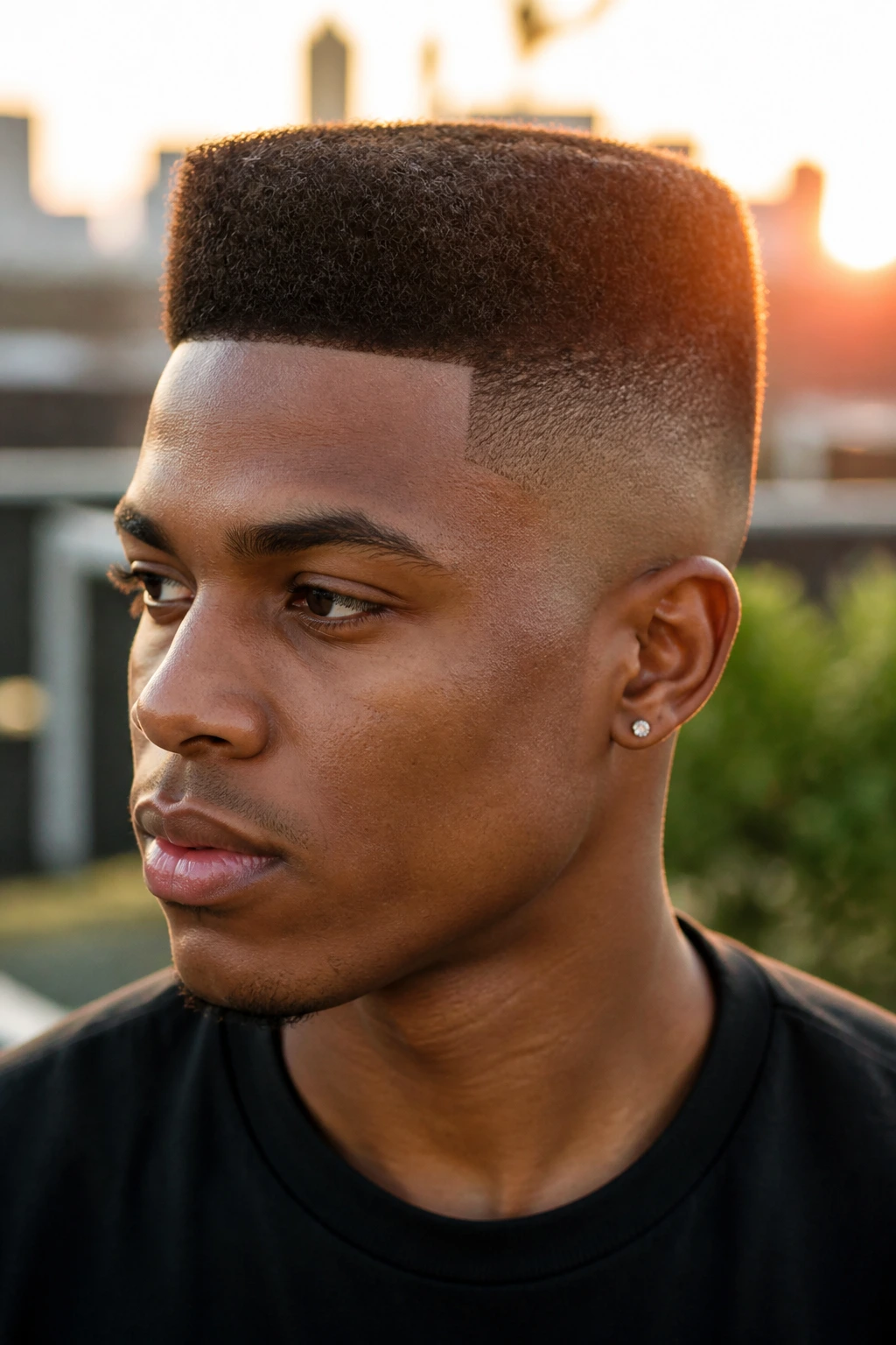 Close-up portrait of a man with a bold flat top fade in outdoor setting