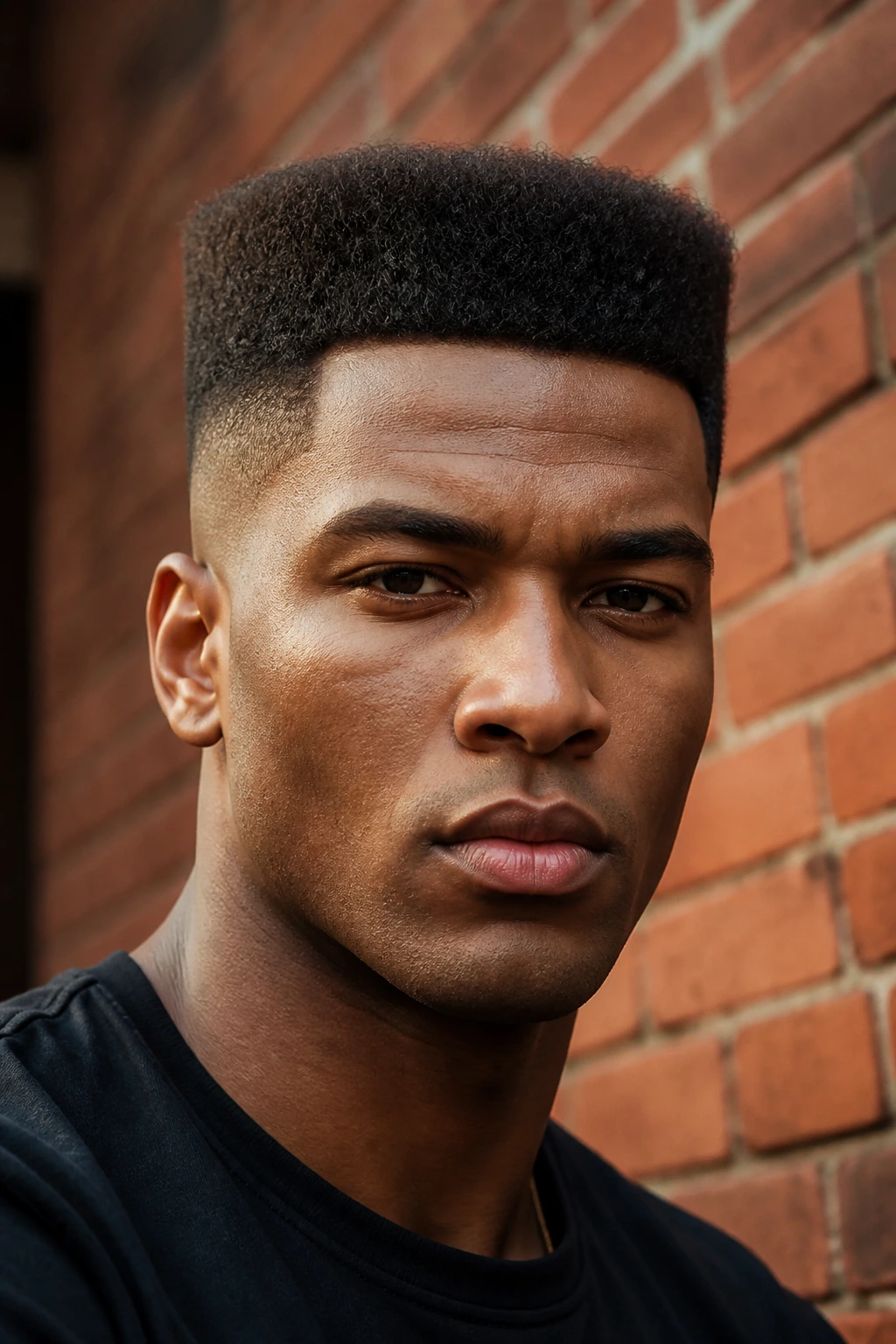 Close-up of man with a sharp flat-top haircut.