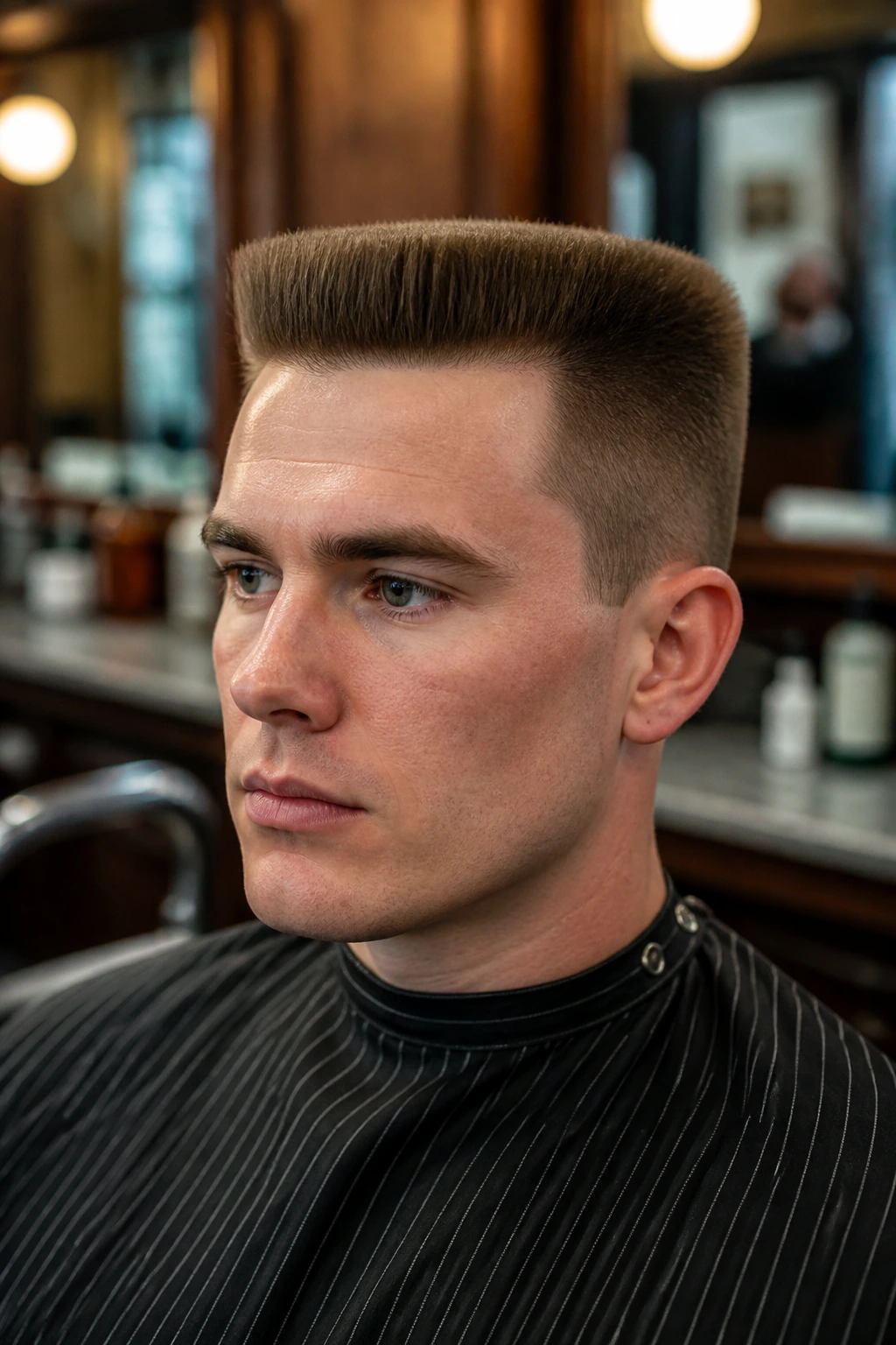 Portrait of a man with a flat top and square crown hairstyle