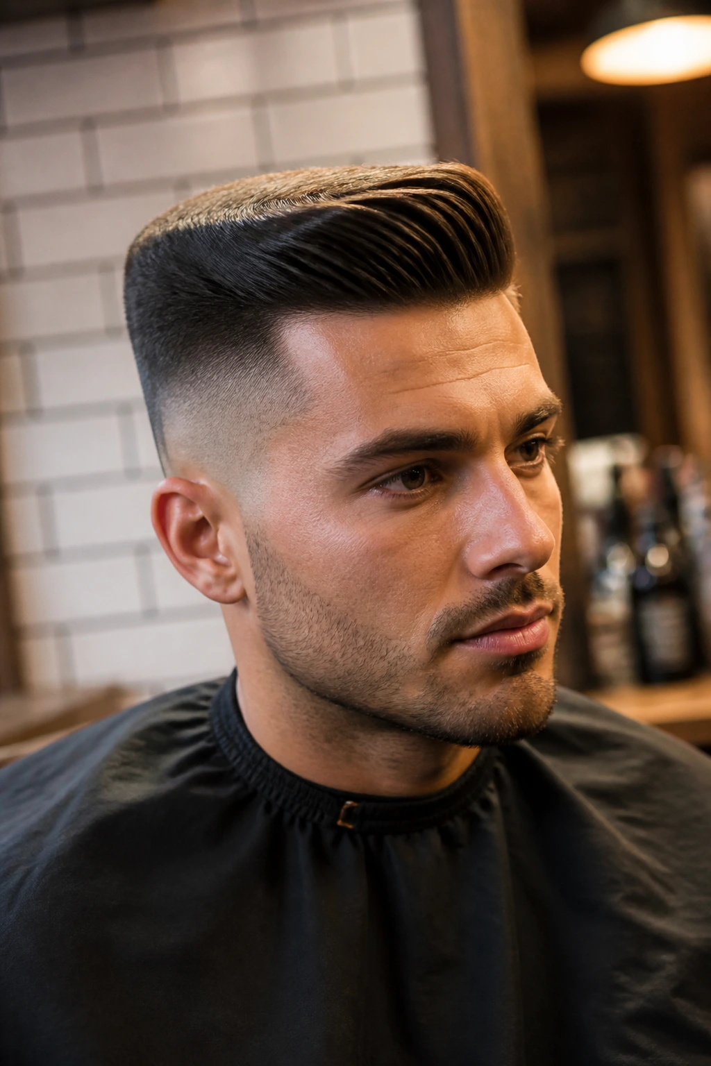 Portrait of a man with Flat-Top Inspired Comb Over in barbershop setting