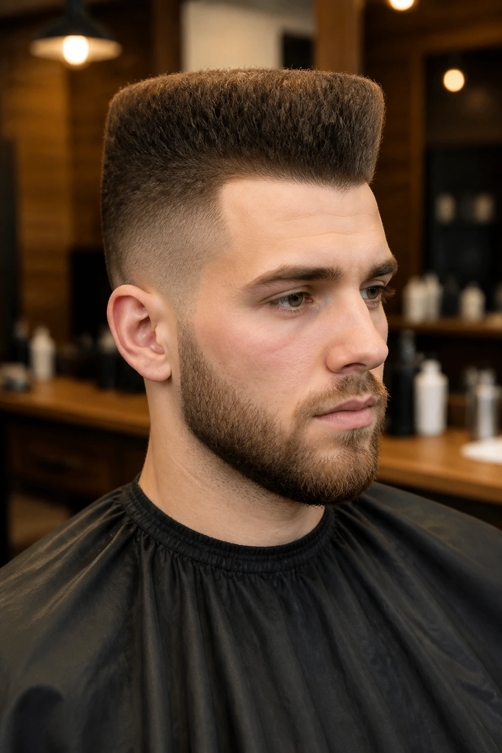 Close-up portrait of a real man with a flat-top Mohawk hybrid