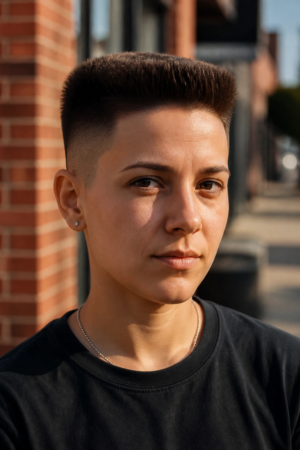 Close-up portrait of a real person with a flat-top-inspired short cut.
