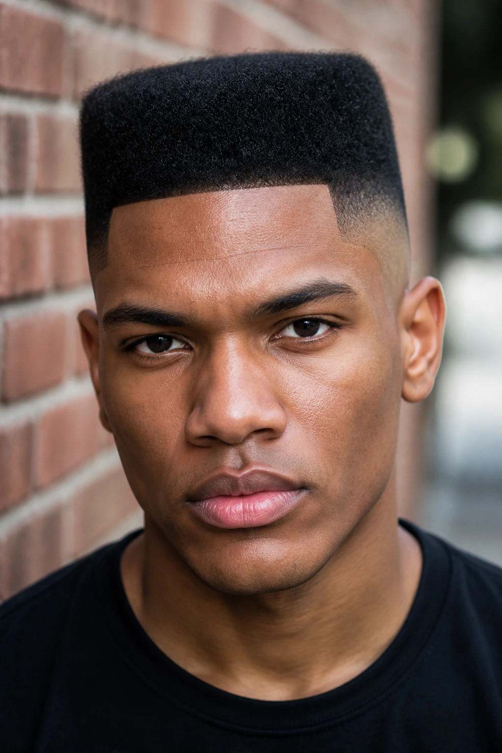Close-up of a man with a flat top and skin fade, brick backdrop.