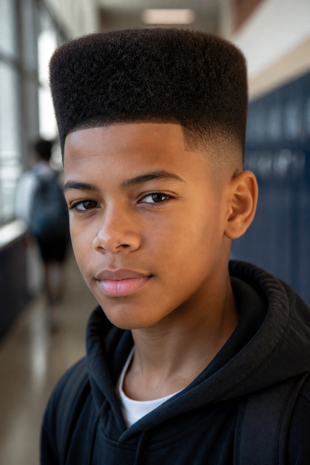 Close-up portrait of a boy with flat top and tapered sides hairstyle