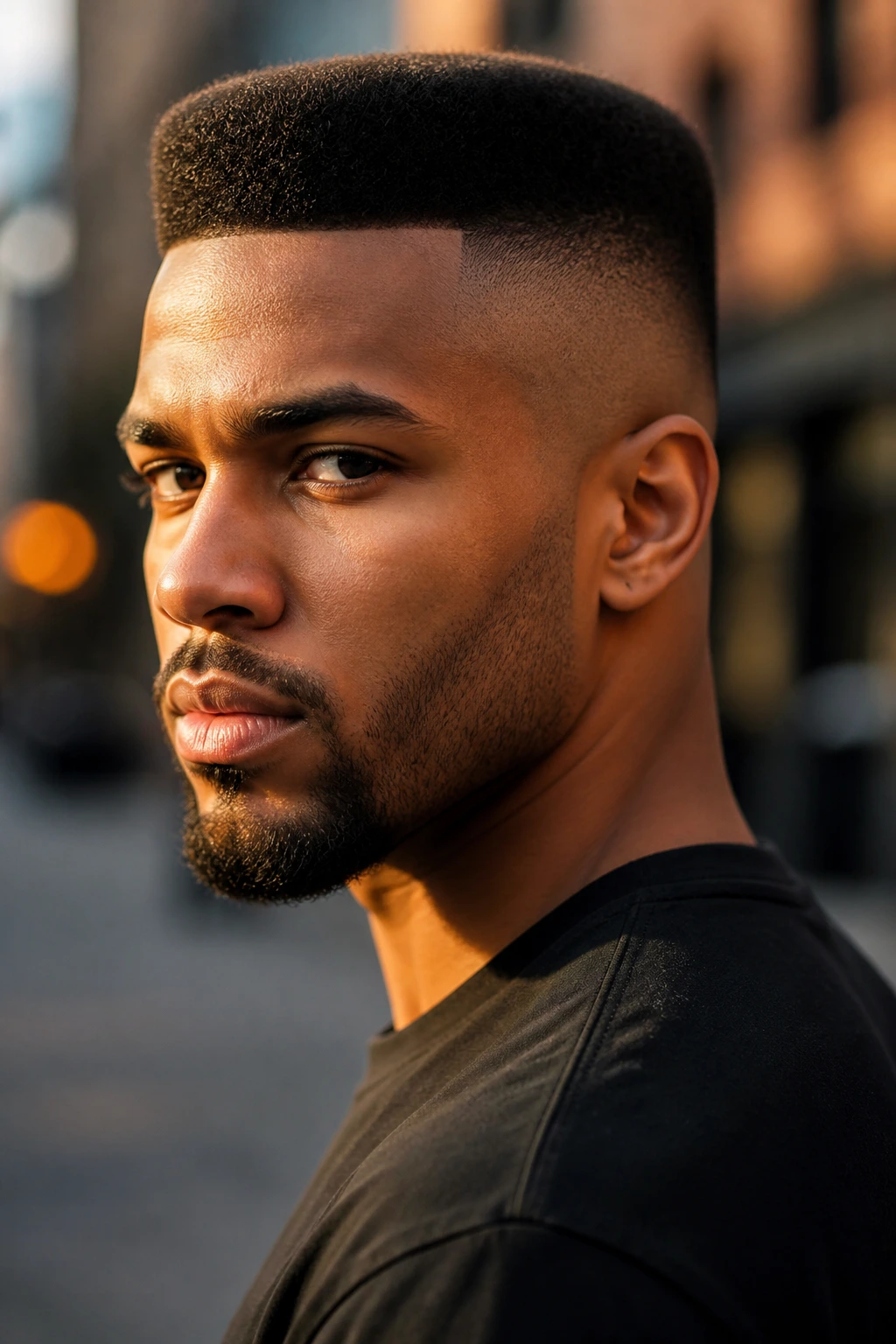 Medium close-up of a man with a flat top and tight sides in urban light