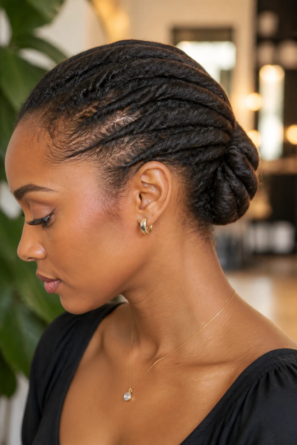 Real woman showing flat-twist bun close-up portrait in salon lighting