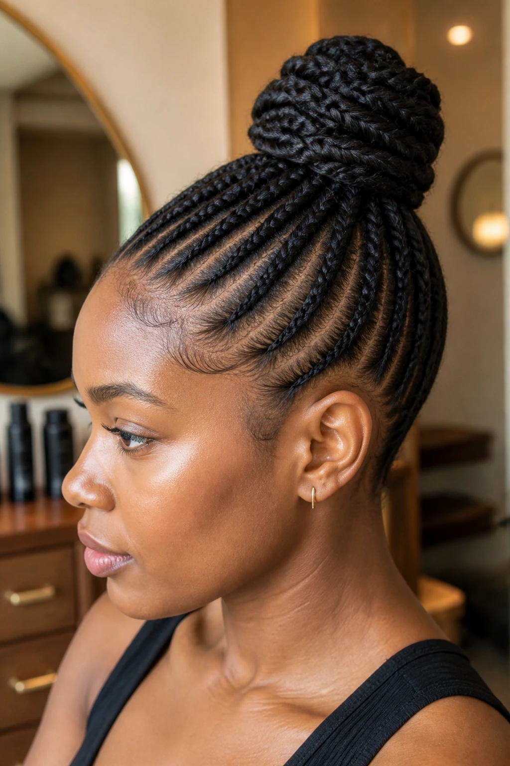 Close-up of real woman with flat-twist updo and crown detailing.