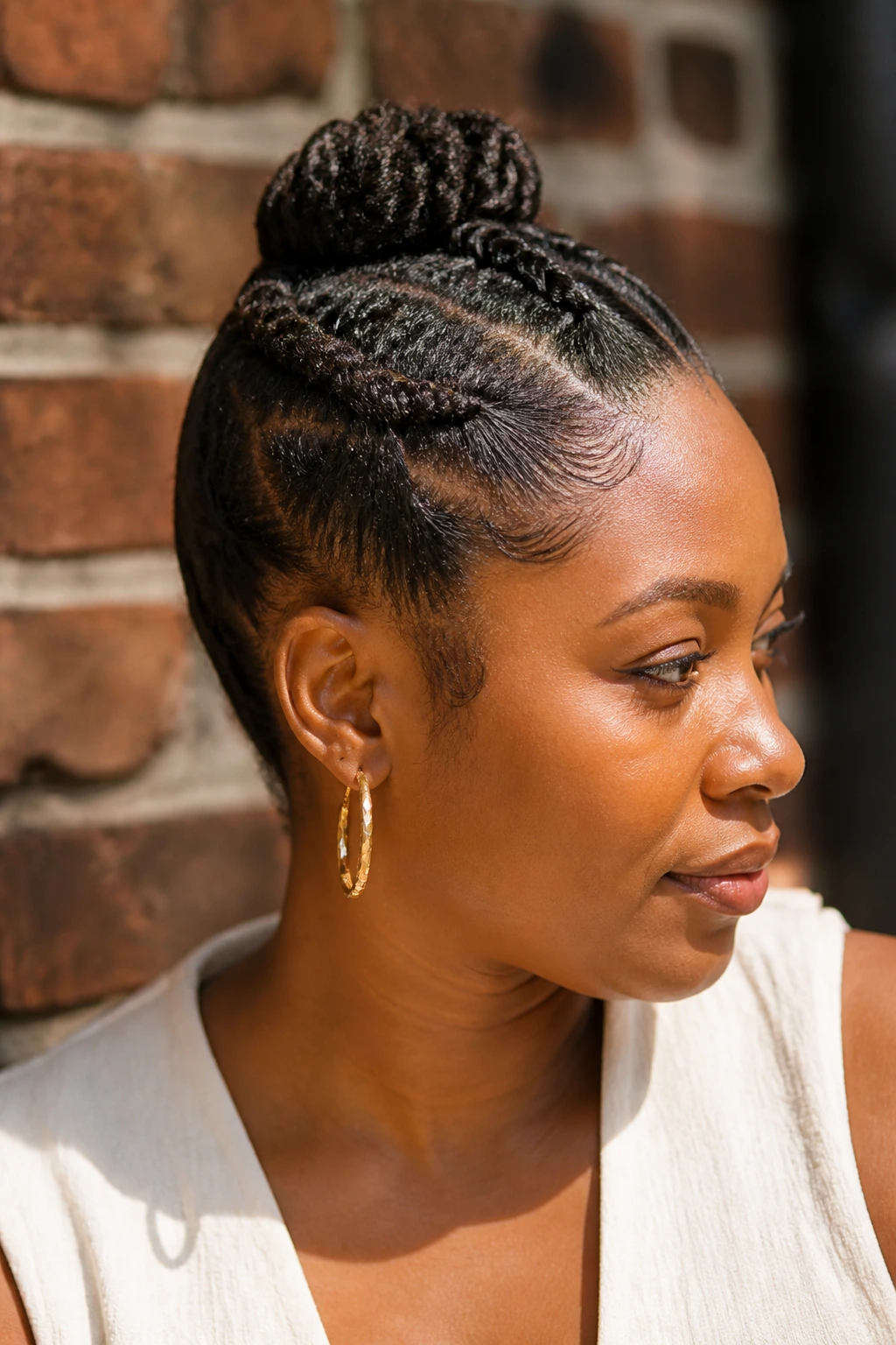 Side profile of a real woman with flat twists forming a crown and a small bun.
