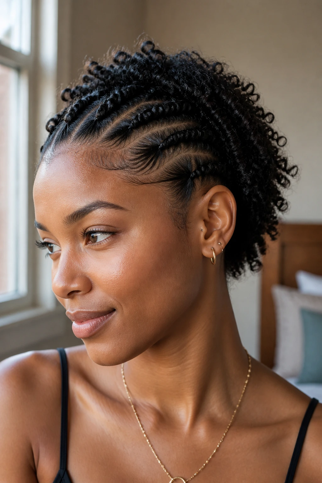 Close-up portrait of a real person with flat-twist crown and loose curls