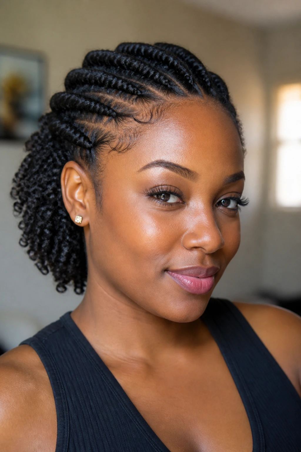 Real woman with flat-twist crown and curly ends hairstyle