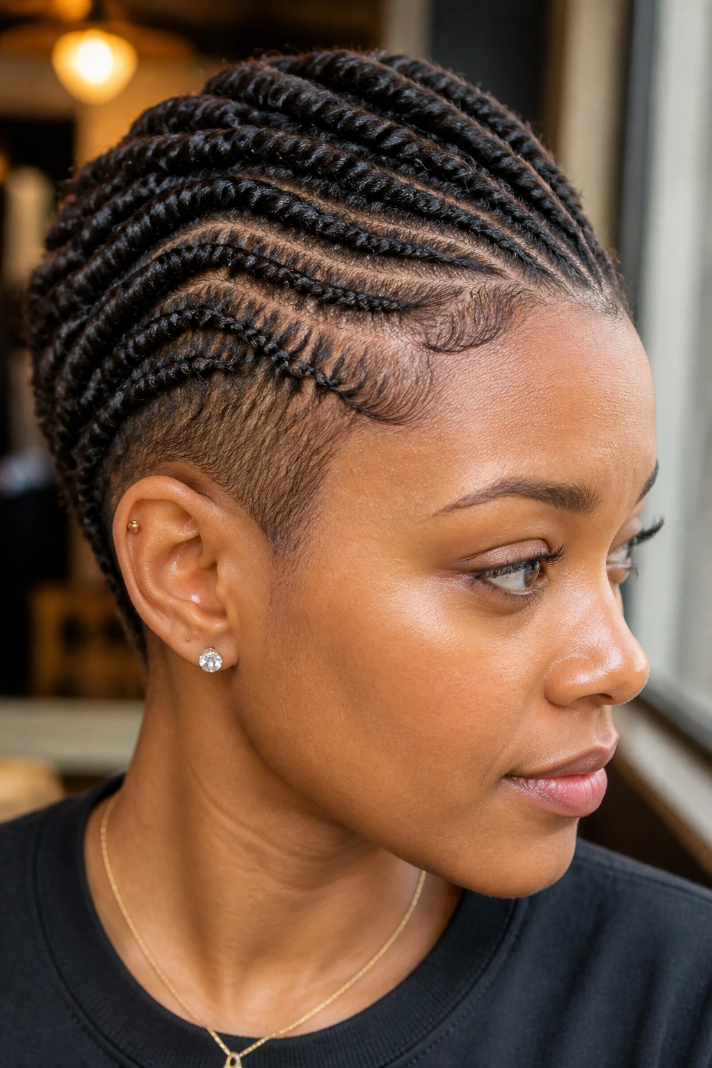 Close-up of a real person with flat-twist crown crop and a clean hairline in a cafe window light