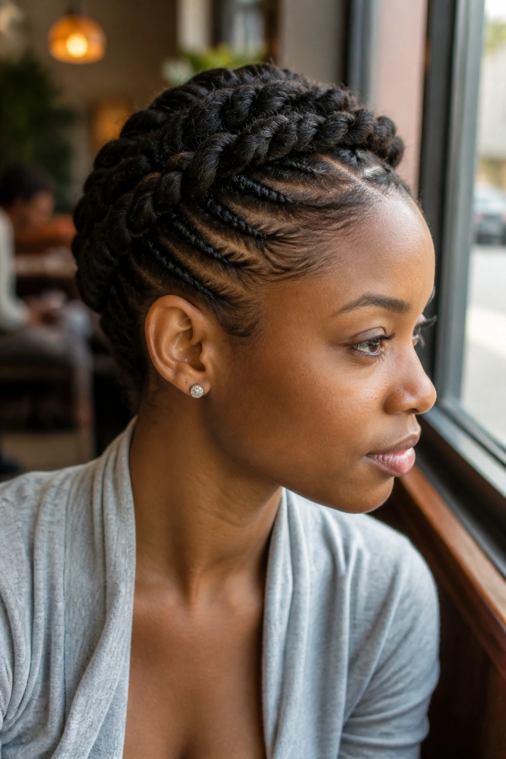 Portrait of a woman with a flat-twist crown around the head