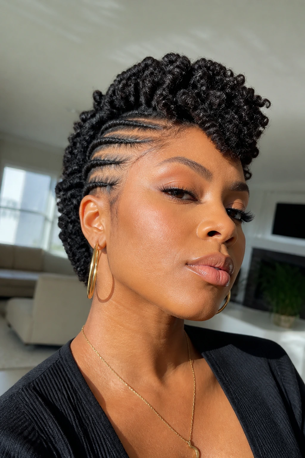 Real Black woman with flat-twist crown mohawk