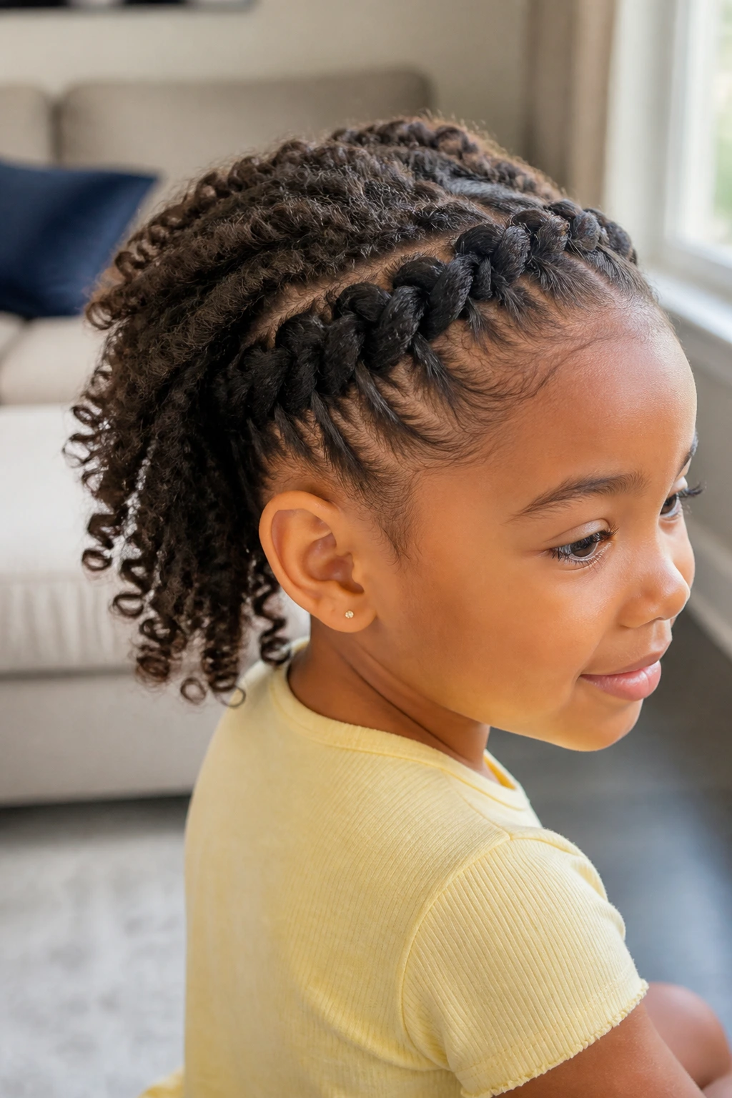 Portrait of a child with flat-twist crown and open back hairstyle