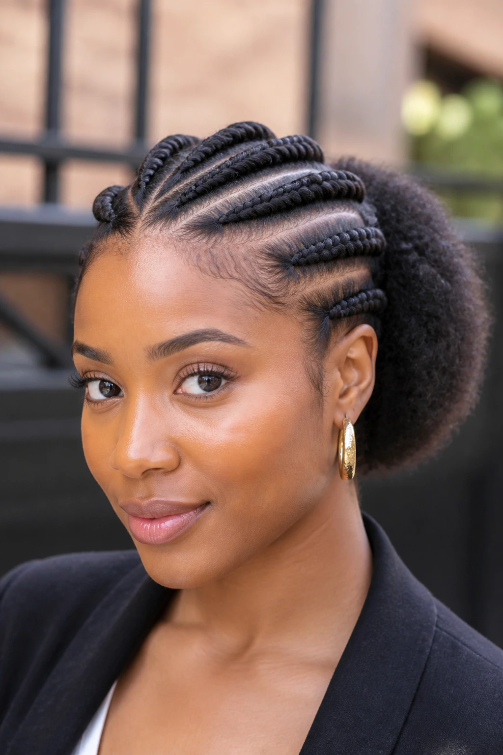 Close-up of a Black woman with flat-twist crown and open texture