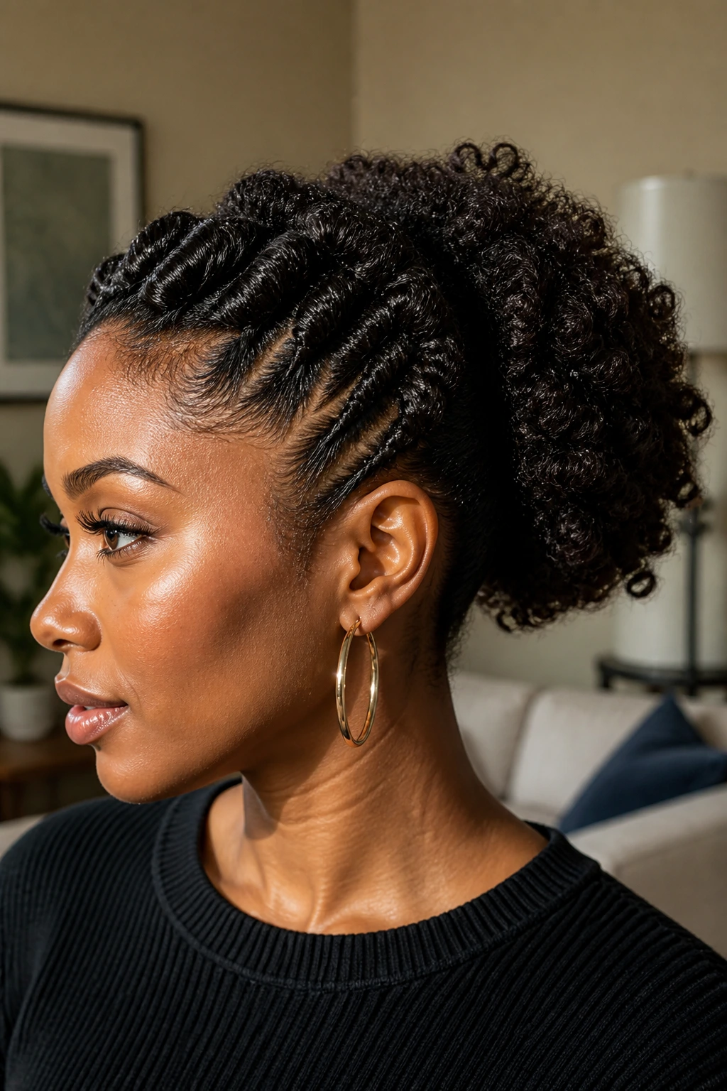 Side profile of real woman with flat-twist crown and puff hairstyle