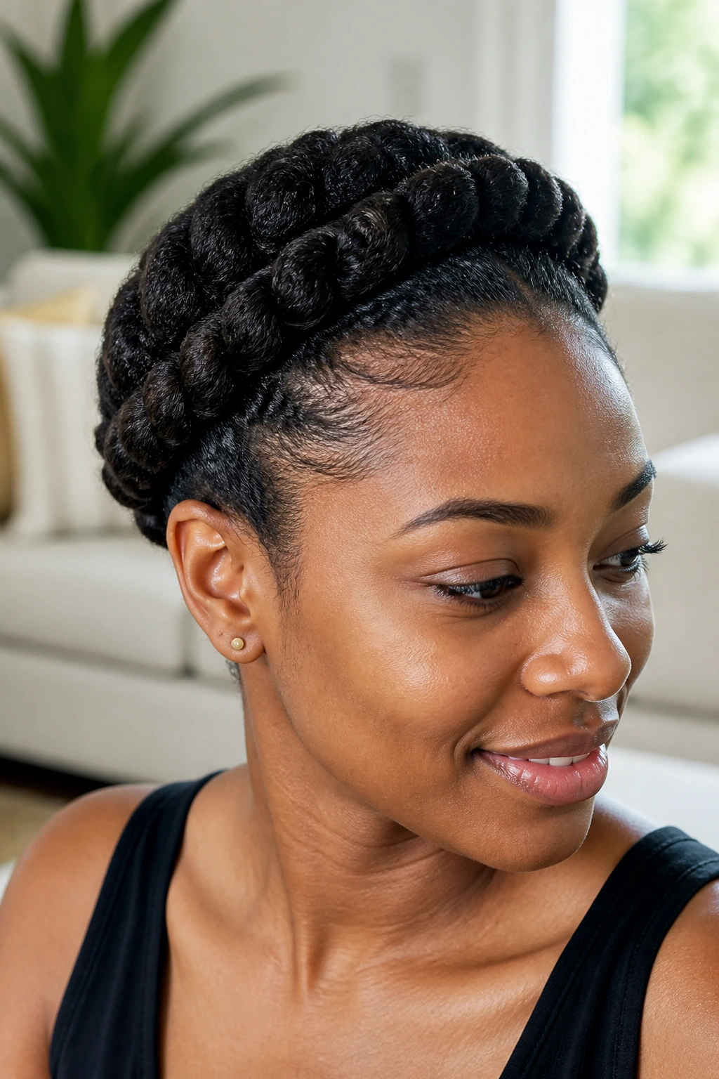 Close-up of a flat twist crown around a short natural hairstyle