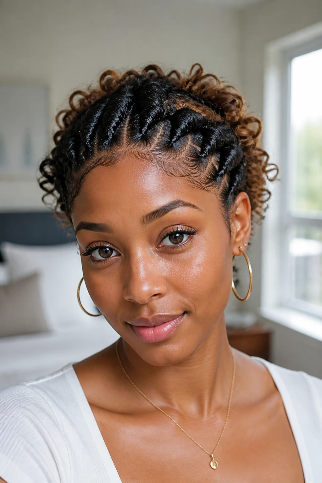 Close-up portrait of a real woman with a flat twist crown along the hairline.