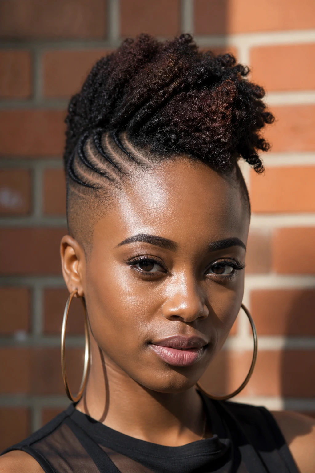 Close-up of a real Black woman with a flat-twist frohawk in sunlit brick wall setting