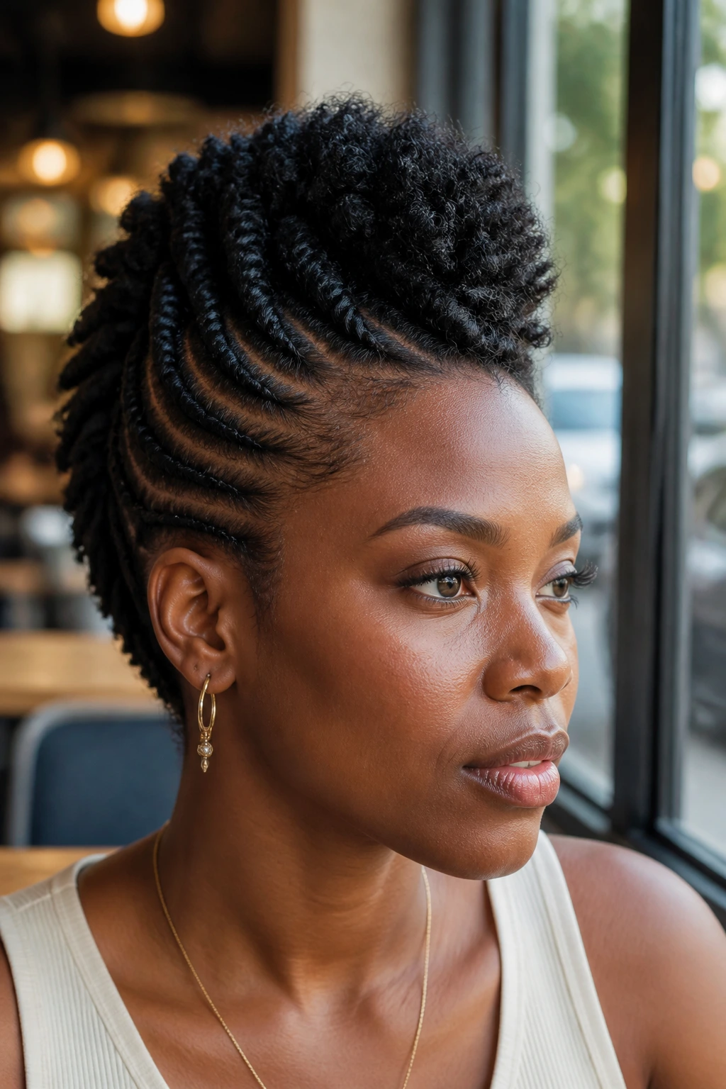 Flat-twist frohawk on real woman with scalp-hugging twists and raised center.
