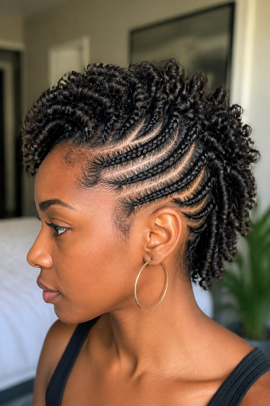 Real person with flat-twist frohawk showing neat side twists and central curls