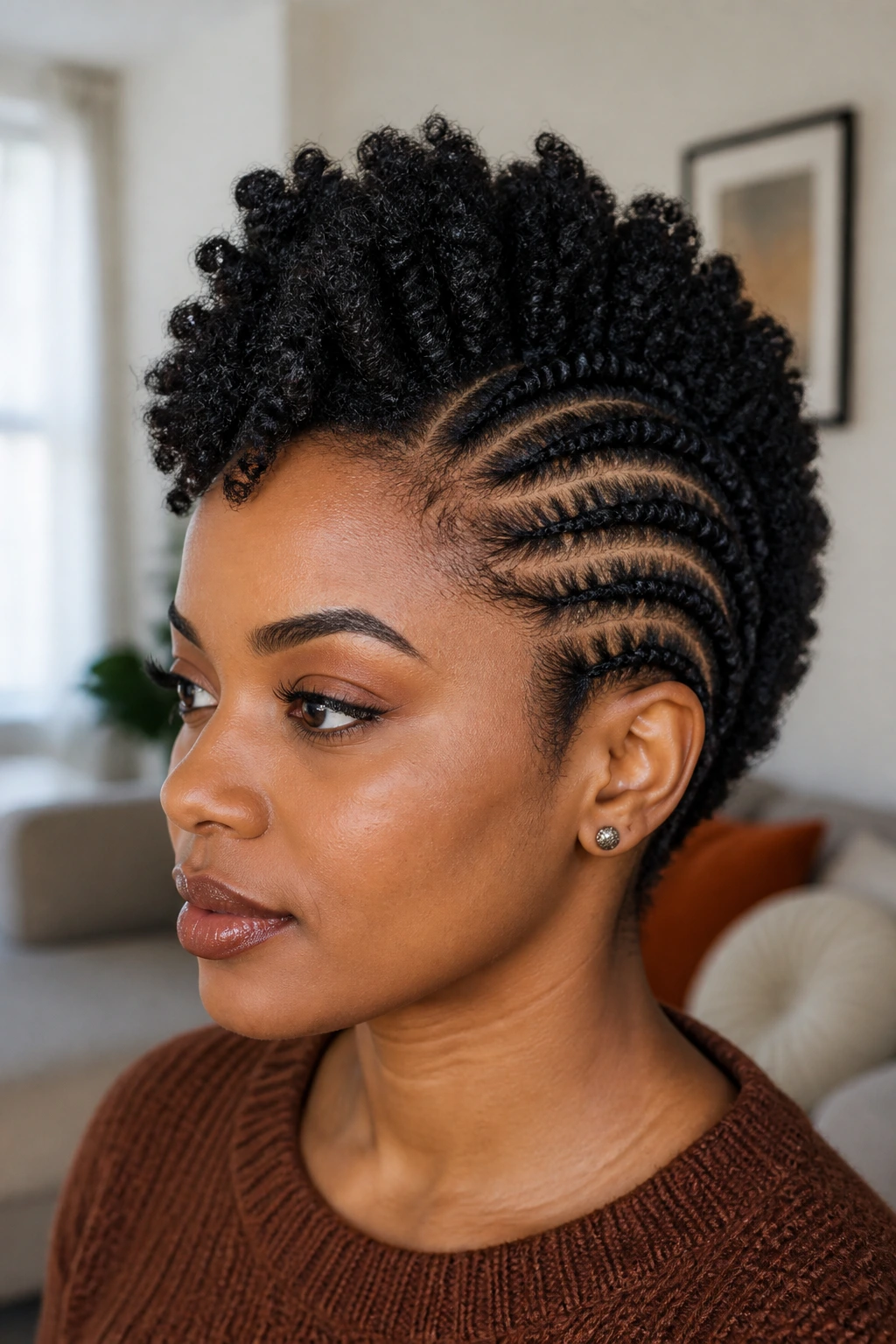 Close-up portrait of a person with flat twists forming a soft frohawk on short coils