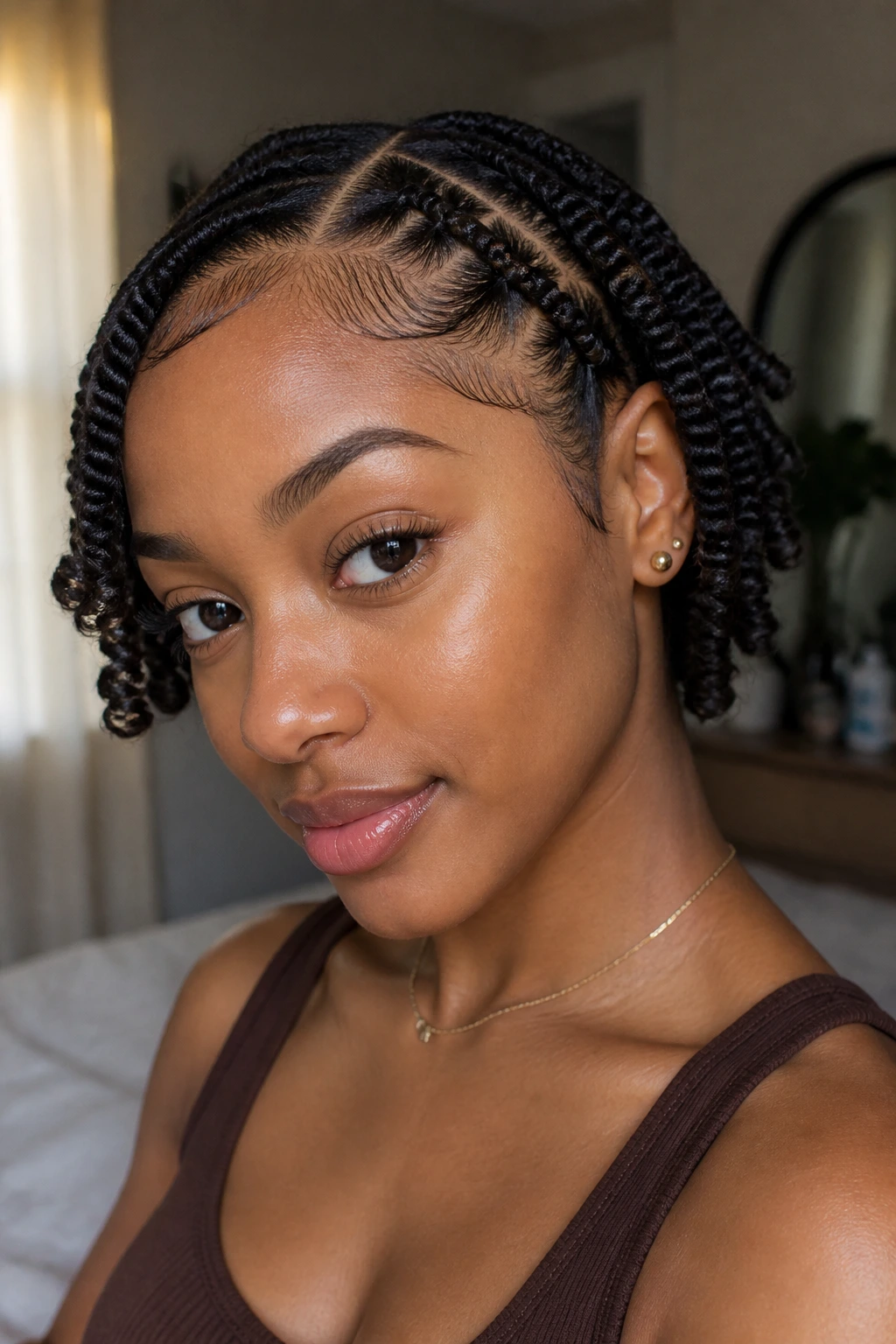 Close-up portrait of a real Black woman with flat-twist ends coiled inward