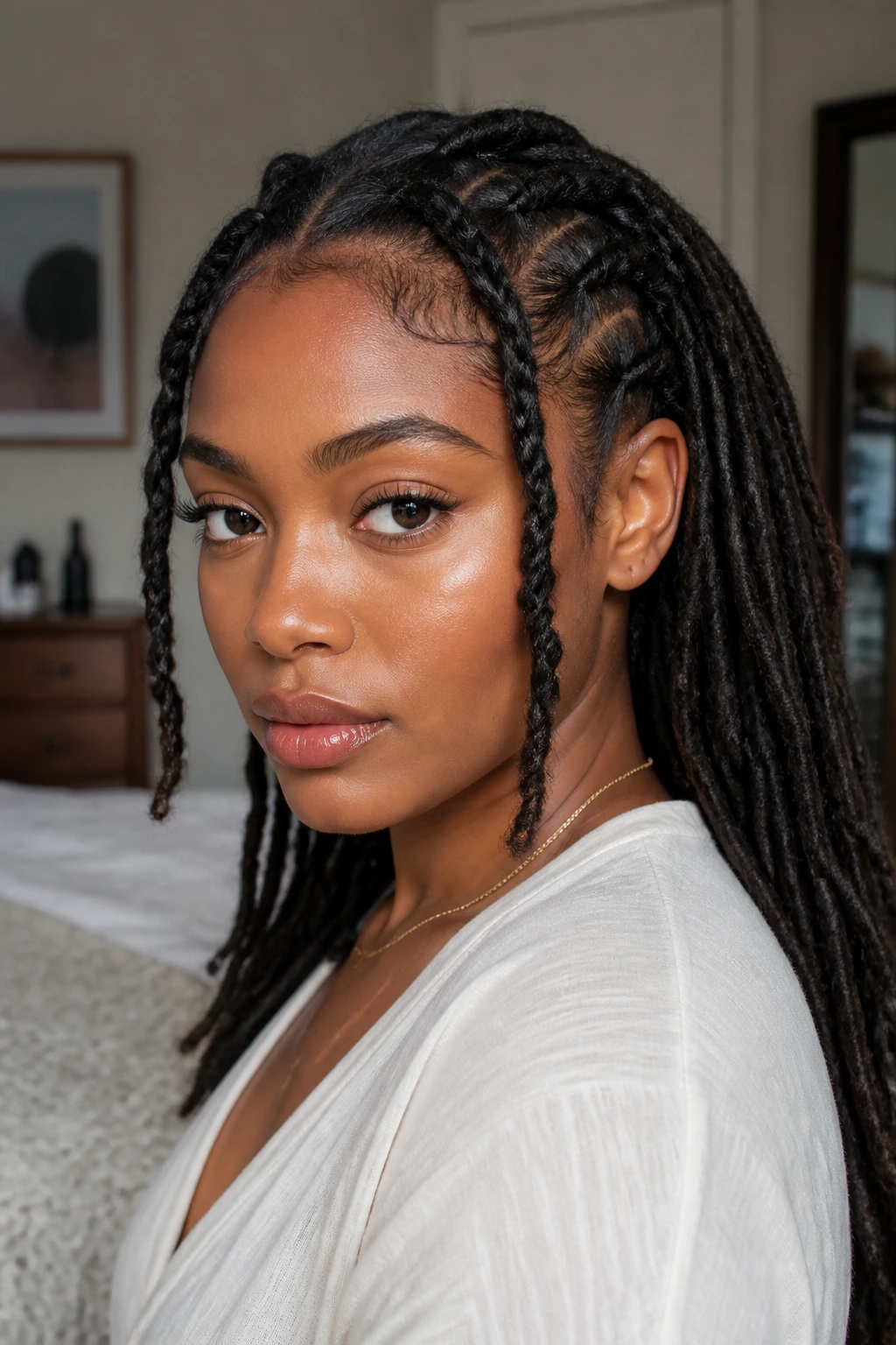 Close-up portrait of a real woman with front flat twists framing the face and long locs behind