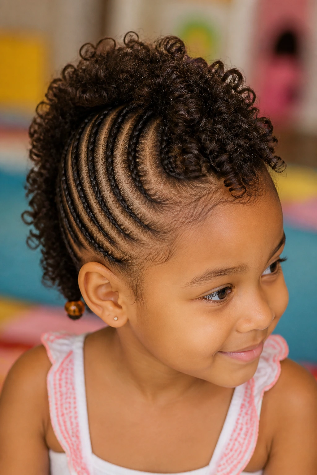 Girl with flat-twist mohawk showing side twists and center curls